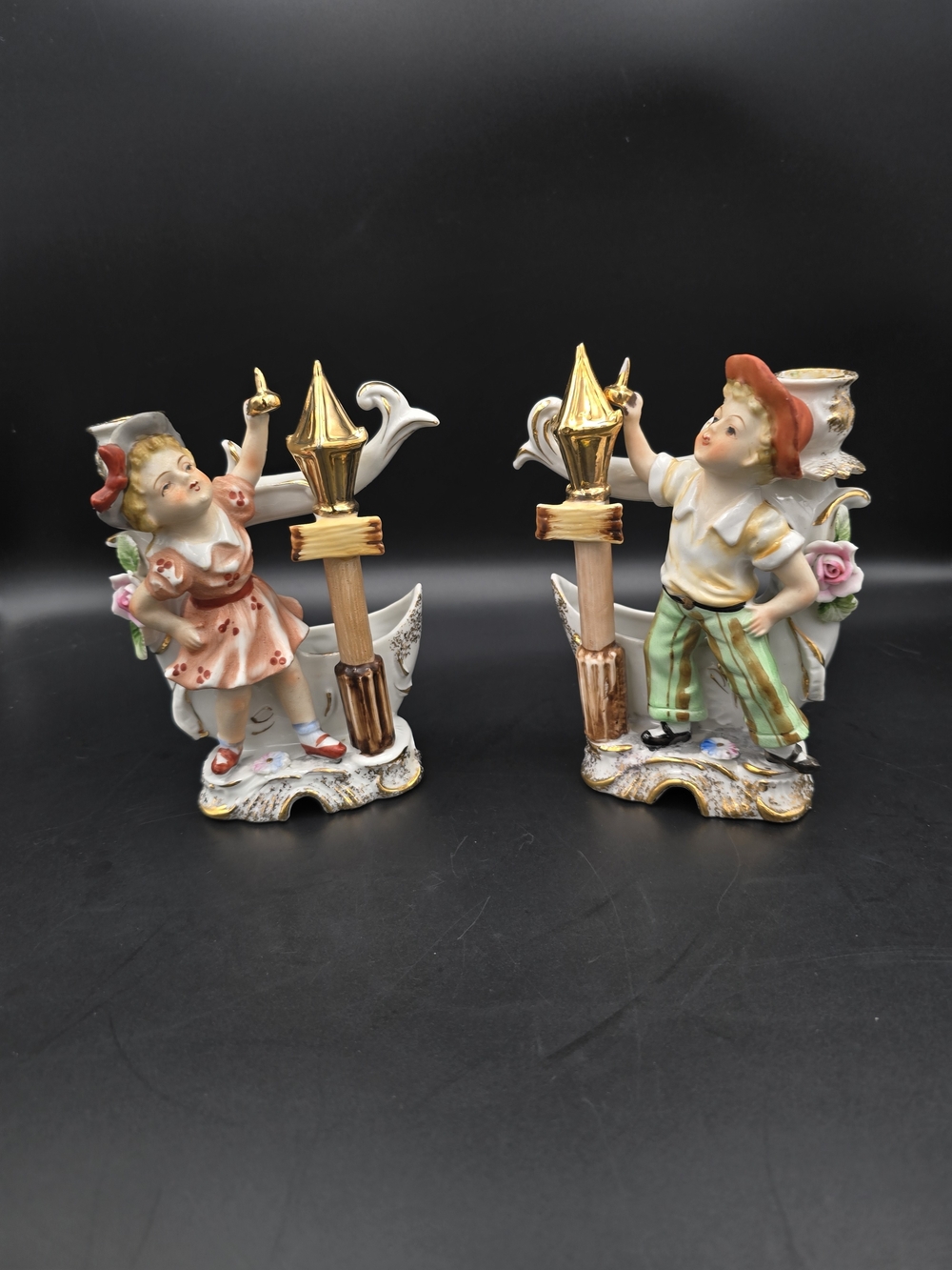 Vintage Porcelain Boy and Girl Figurine Pair in Multi-Color